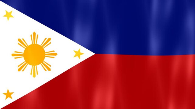 Digital graphics of the waving national flag of the Philippines, featuring the blue and red horizontal fields, white triangle, golden sun, and three stars