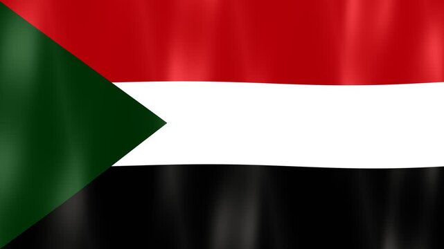 Digital graphics of the waving national flag of Sudan, featuring horizontal red, white, and black stripes with a green triangle at the hoist