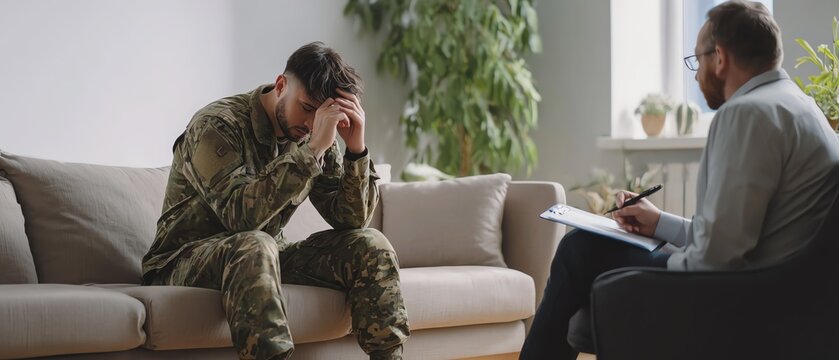 Soldier in therapy session seeking support.