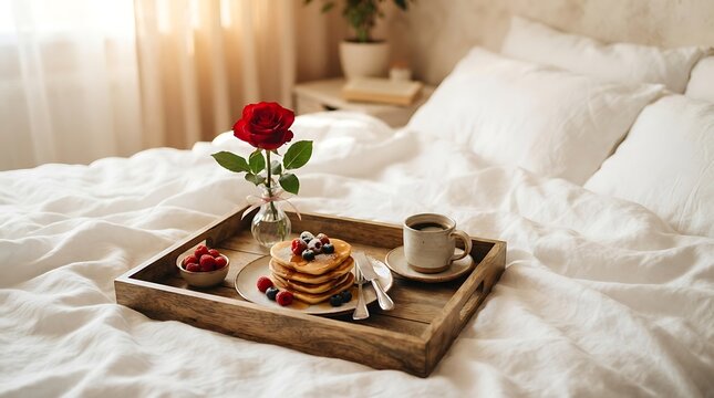 IA generated romantic breakfast in bed on a wooden tray with pancakes, berries, coffee, and a red rose.
