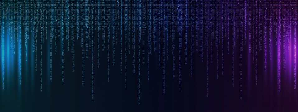 Digital code binary rain background. Glowing data streams in blue and purple colors