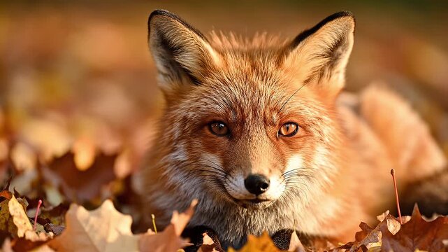 Red fox lying in a bed of golden autumn leaves in the forest during sunset wildlife nature portrait