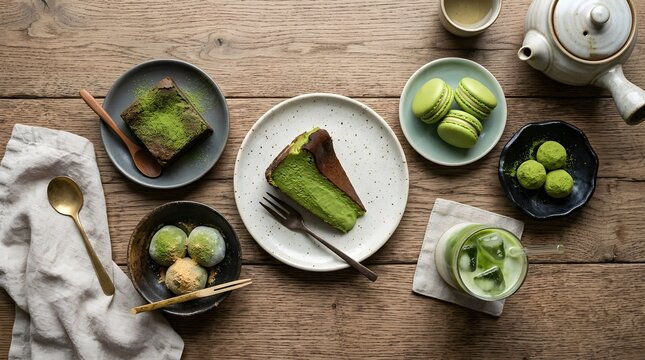 Matcha Dessert Collection with Tea Pot and Iced Drink on a Rustic Wooden Table