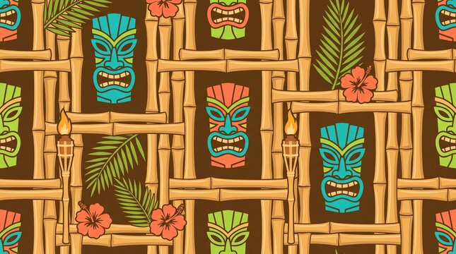 Tropical Hawaiian Tiki Mask Seamless Pattern with Bamboo and Hibiscus