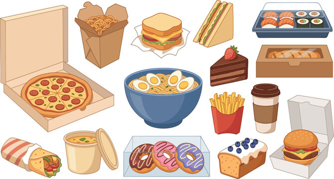 Fast food takeout delivery vector illustration set featuring pizza burger sushi noodles sandwich fries donuts coffee and cake elements