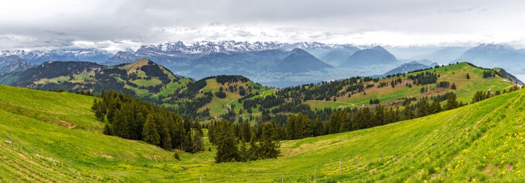 Scenic panoramic view of Mount Rigi in the Swiss Alps during early summer