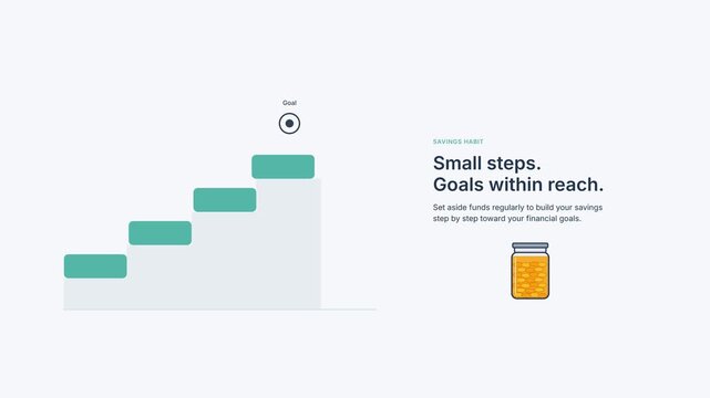 Minimalist vector motion graphic illustrating a savings staircase, featuring English typography and a full coin jar goal marker centered below the description text.
