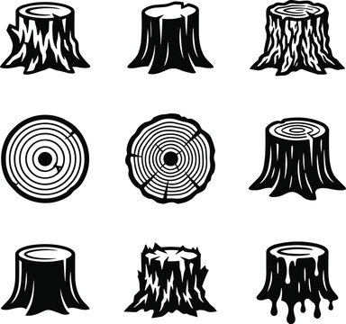 Tree stump and log cross section vector icon set featuring wood rings and forestry timber symbols.eps