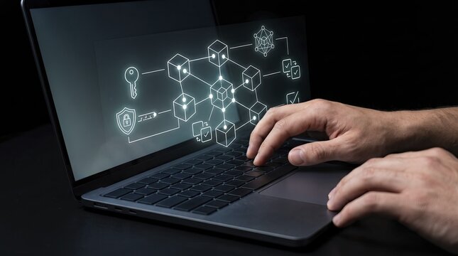Hands typing on laptop displaying blockchain network graphic with security icons during dark night