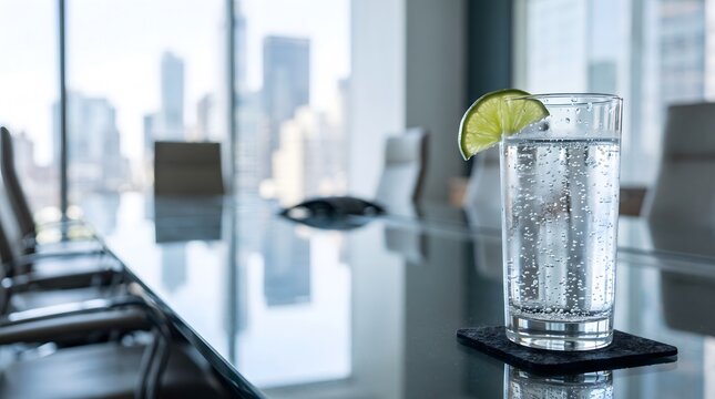 Glass of sparkling water with lime slice on a boardroom table.