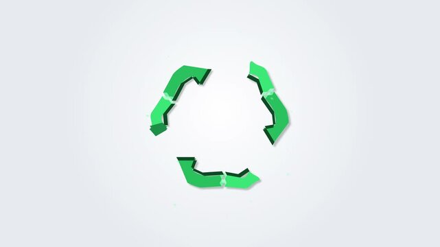 Green recycling symbol animation motion graphic with subtle pixelation and shadow on a light background