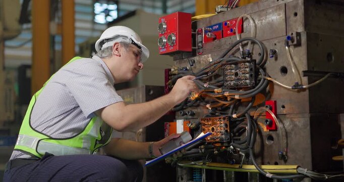 A senior male engineer in a safety vest and hard hat crouches beside a large steel injection mould, checking its hydraulic hoses, manifold blocks and wiring and writing notes on a clipboard.
