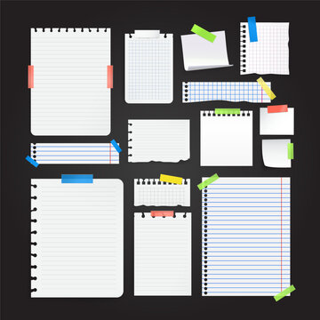 Torn lined notebook paper piece vector asset. White page ripped edge adhesive tape strip school office note memo message reminder sheet graphic paper background design concept.