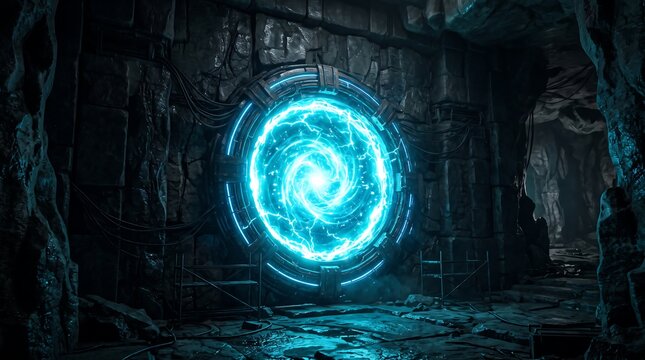 Mysterious glowing energy vortex inside futuristic underground chamber
