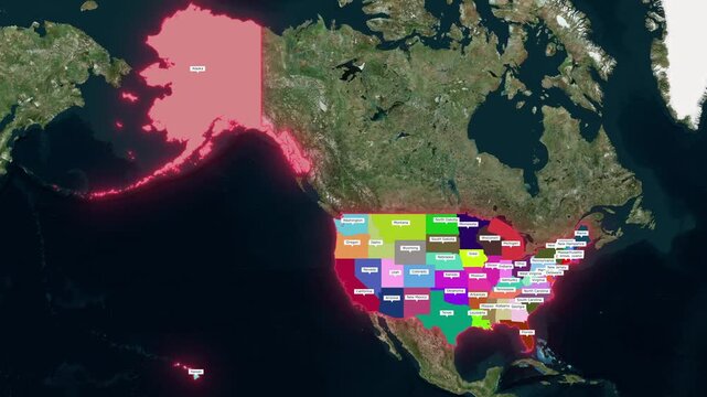 3D Animated Map of the United States Highlighting State Borders, Alaska, and Hawaii
