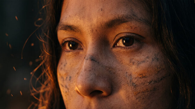 Close Up of Indigenous Tribal Woman with Dirt and Face Paint Looking Beside Firelight