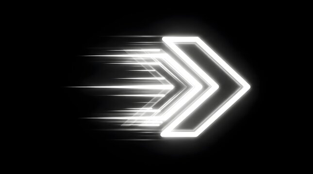 Glowing white arrow symbol moving forward with horizontal motion blur lines isolated against a dark solid black studio background wallpaper