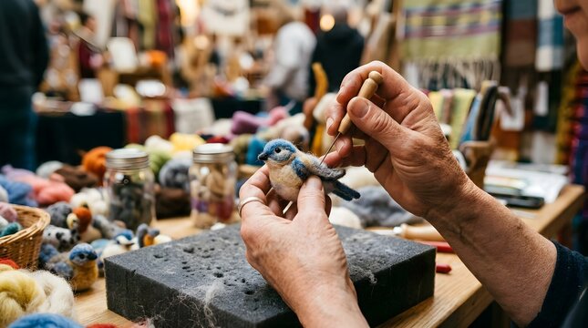 Person crafting a felt bird figurine using a needle felting tool