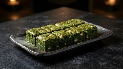 Platter of Matcha Green Tea Brownies with White Chocolate Chunks
