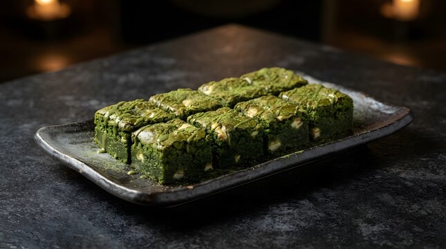 Platter of Matcha Green Tea Brownies with White Chocolate Chunks