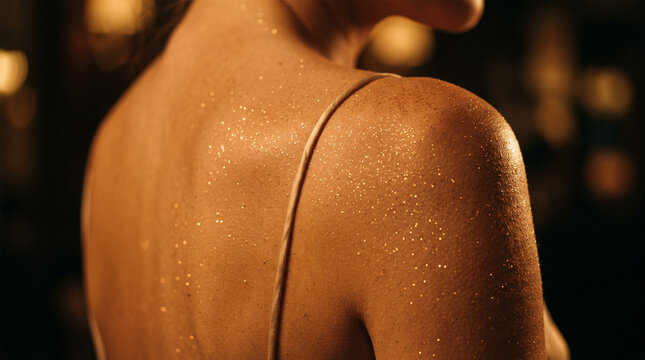 Sparkling Golden Body Shimmer and Glitter on Tanned Female Shoulder and Back