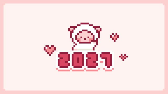 8-bit Pixel Art 2027 Year of the Pink Sheep Card Illustration. looped animation 4k 30fps
