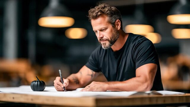 Architect Reviewing Blueprints with Pumpkin Paperweight