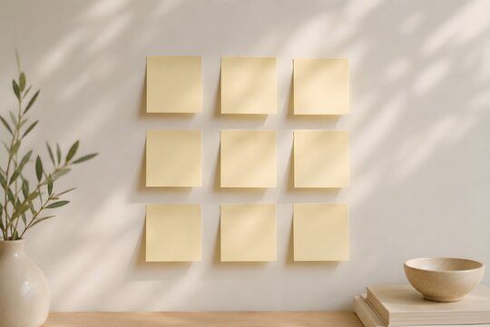 Blank sticky notes on a clean, neutral wall