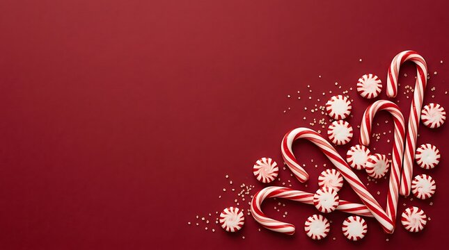 Festive peppermint candy canes and round mint candies on a dark red background for christmas holiday seasonal decorations