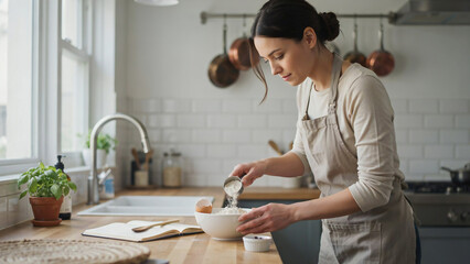 Fototapeta premium Woman adding ingredients to a bowl for baking in a bright kitchen keywords: woman, baking