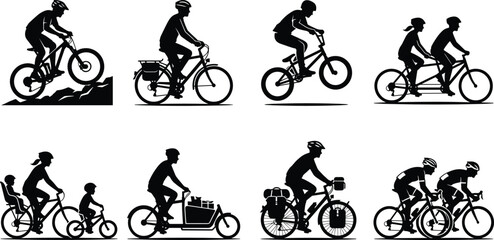 Obraz premium Set of black silhouettes of people riding different types of bicycles and cycling activities