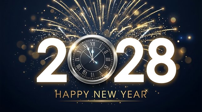 Happy New Year 2028 greeting card with a gold clock face and sparkling fireworks celebration background
