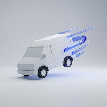 3D Speed Delivery Van Truck Icon White Cargo Van Body Translucent Blue Glass Speed Trails for Transport UI UX