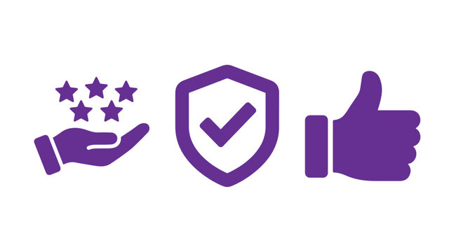 Set of purple feedback icons featuring five star rating hand shield checkmark and thumbs up gesture feedback checkmark thumbsup customer evaluation approval security
