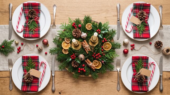 Festive Christmas Table Setting: An elegantly set table awaits a joyous holiday feast, adorned with a rustic Christmas wreath centerpiece and plaid-wrapped gifts at each place setting.