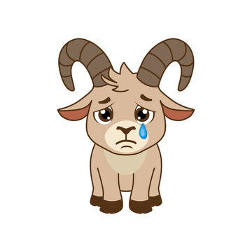 Cute sad crying beige goat character with a tear isolated on transparent background