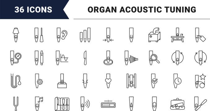 Organ Pipe Voicing Web Icon Set in Linear Style. Collection of Pipe Tuning line icons, including voicing, acoustic tuning, wind pressure, sound adjustment, pitch calibration, workshop maintenance.