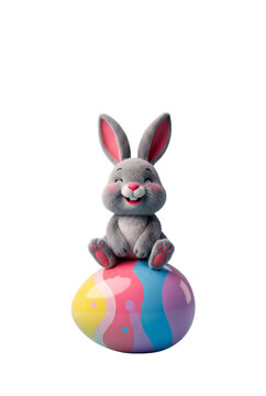 3d cartoon grey bunny happily sitting on a colorful decorated easter egg
