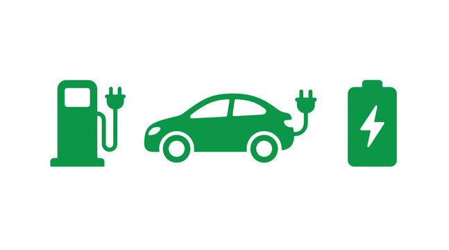 Electric vehicle infrastructure icons with charger car and battery energy symbols electric sustainability technology transportation renewable automotive infrastructure