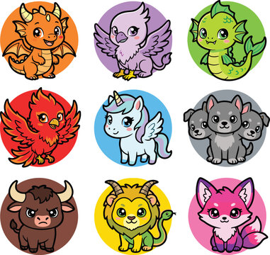 Cute Mythical Creatures vector illustration featuring dragon griffin unicorn cerberus for children storybook design