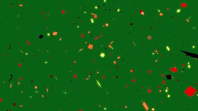 Golden confetti paper explosion on green screen, realistic 4k slow motion animation, shimmering gold confetti falling down, birthday party celebration overlay loop