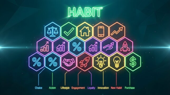 Habit formation diagram featuring vibrant glowing neon hexagonal icons with various business symbols and strategic labels on a dark background