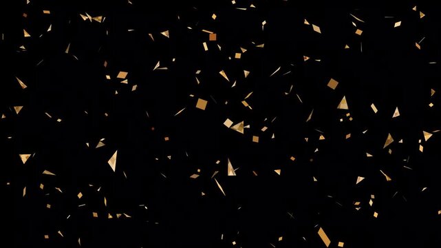 Mesmerizing shower of golden confetti falling on black background, realistic 4k 3d rendered animation, gold paper explosion, slow motion party celebration loop
