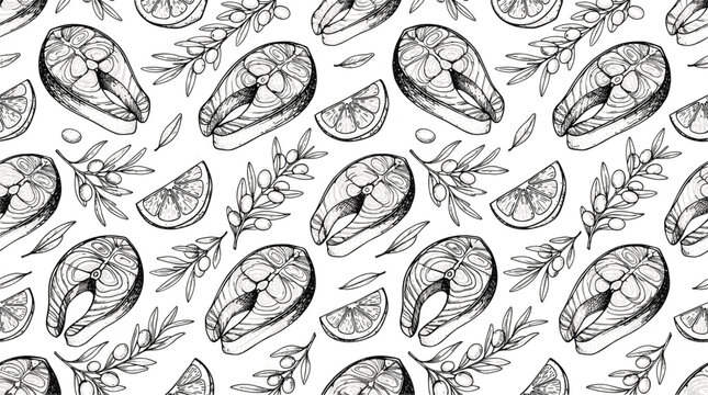 Seamless monochrome pattern of raw salmon fish steaks with fresh lemon slices and rosemary herb leaves for cooking