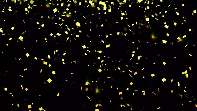 Realistic golden confetti falling down on black background, 4k slow motion 3d animation, shimmering gold paper explosion for birthday party celebration overlay