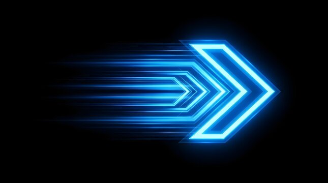 Glowing neon blue arrow shape moving forward with high velocity speed lines isolated on a deep black background visual graphic