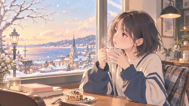 Anime style illustration of a young woman with hot cocoa looking out a cafe window at a snowy town