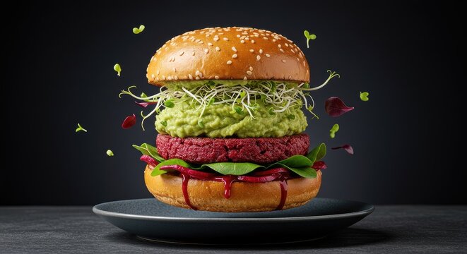 Delicious vegan burger with fresh greens and beetroot floating on black plate against dark background