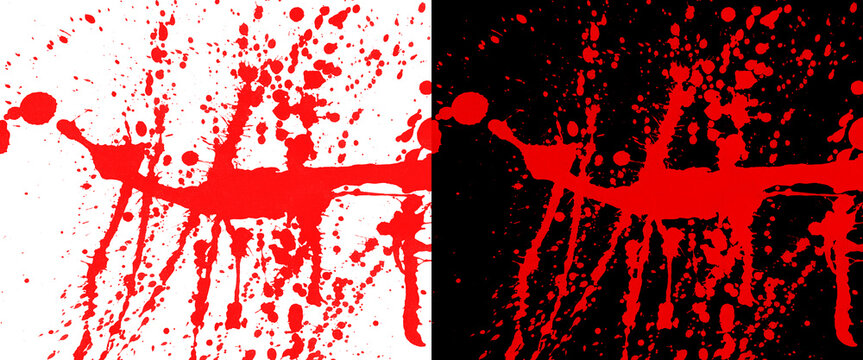 Dramatic red blood splatter on white and black backgrounds, visceral liquid spray texture, horror and crime scene paint drips for graphic design