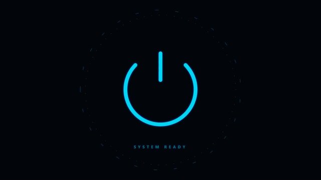 Glowing neon blue power button icon on HUD interface system ready motion graphics footage.
